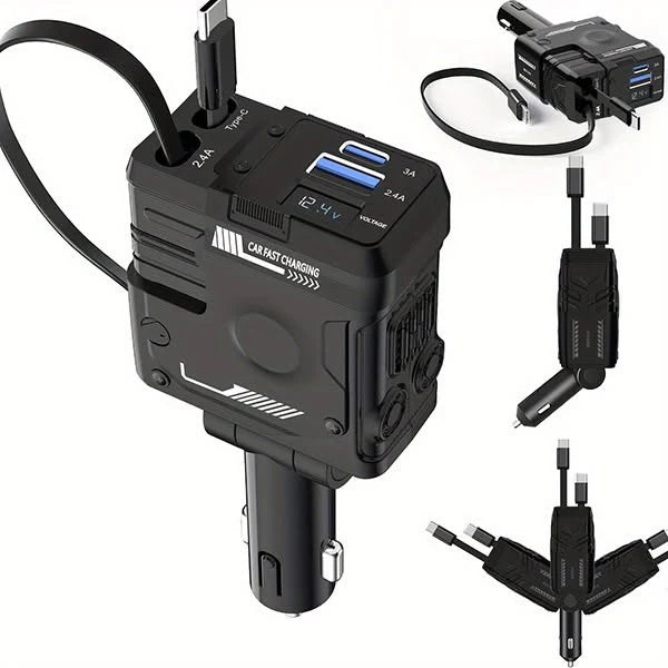 120W Super Fast Car Charger – 4-in-1 Retractable Cable Adapter