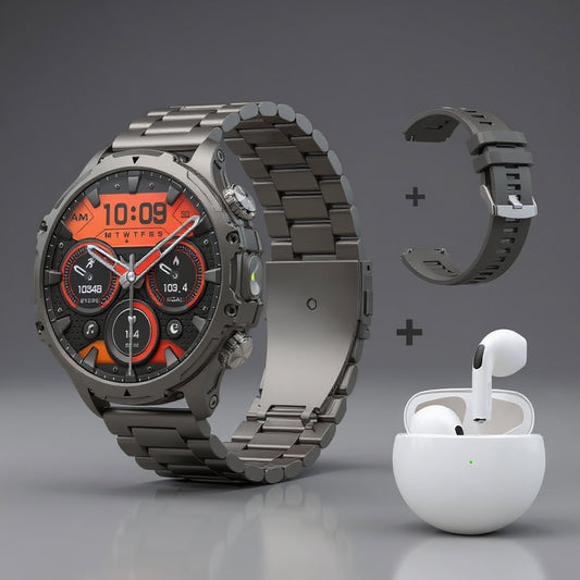 AK75 Military-Grade Smartwatch – With Earpods + Extra Strap