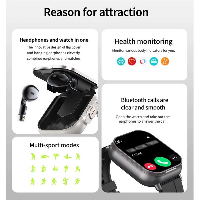 D8 2-in-1 Smartwatch with Built-In Wireless Earbuds