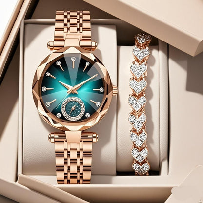 DY-10 New Women's Watch Jewelry Set Simple Fashion Metal Band Diamond Quartz Leisure Shinning Lady Rose