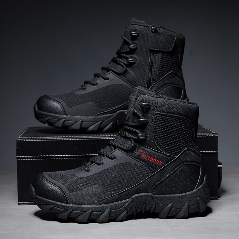 Tactical Combat Training Ankle Boots Cowhide & Mesh Lace-up Outdoor Hiking Camping Sports Shoes