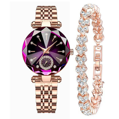 DY-10 New Women's Watch Jewelry Set Simple Fashion Metal Band Diamond Quartz Leisure Shinning Lady Rose