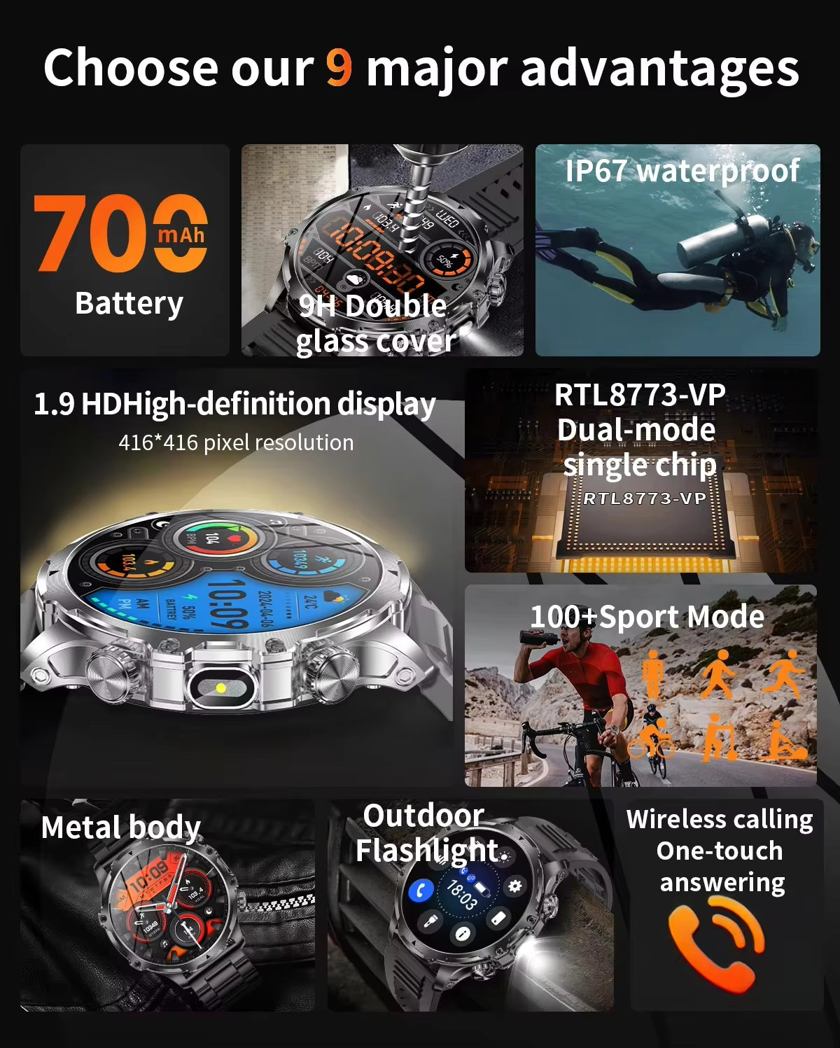 AK75 Military-Grade Smartwatch – With Earpods + Extra Strap