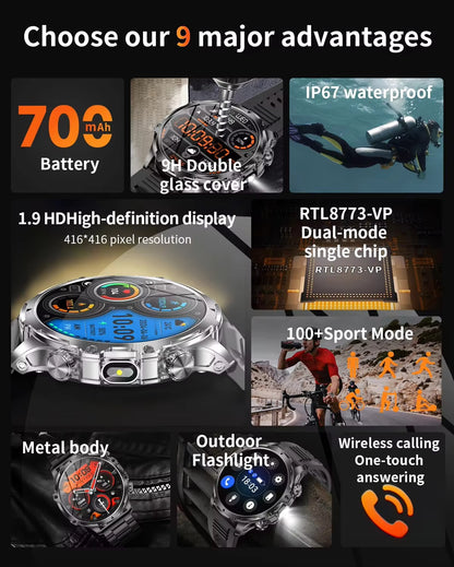 AK75 Military-Grade Smartwatch – With Earpods + Extra Strap